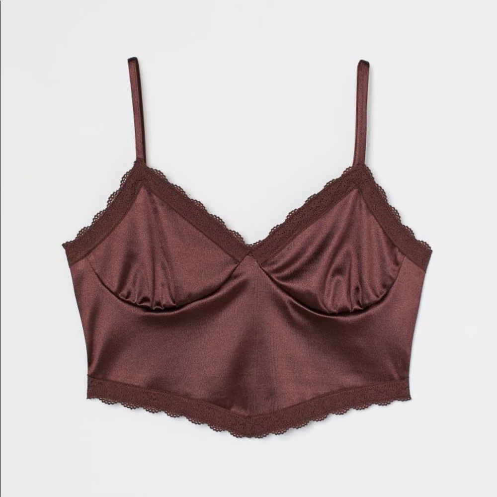 NWT H&M chocolate satin cami lace trim